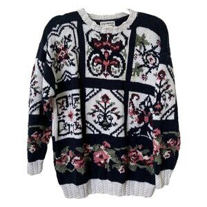 Vintage Climax by Sacha Chunky Bold Intarsia Knit Floral Grandma Sweater